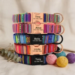 Ethnic Style Personlized Nylon Dog Collar Name ID Metal Buckle Engraved Free Adjustable for Small Medium and Large Dogs