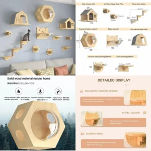 Elevated Cat Wall Shelves and Ceiling Walkway with Scratching Post, Hanging Bed Steps for Cats of All Sizes (11-Piece Set)