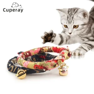 Breakaway Cat Collar,Japanese Chirimen Kimono Print Cat Collar Floral Pattern with Bell for Kitten Puppy Pet Supply Adjustable