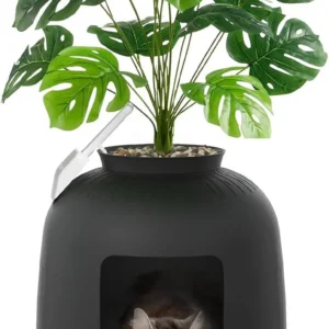 Hidden Cat Litter Box Enclosure with Odor Control, Faux Plant & Scoop, 48x120cm Black