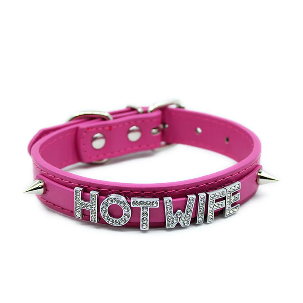 Rhinestone Leather Collar with Rivet Customized Letters Punk Sexy Choker Necklace Cosplay Jewelry for Men Women - Image 4