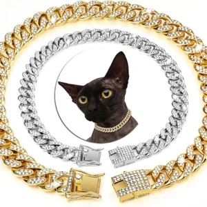 Luxury Cuban Link Cat Collar – Gold Rhinestone Pet Necklace for Cats