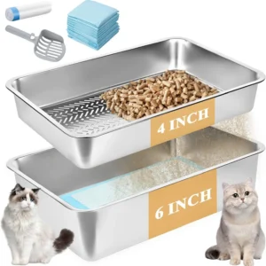 XL Stainless Steel Sifting Litter Box for Pine Pellets, Easy Clean with Scoop and Pad, Indoor Cat Tray