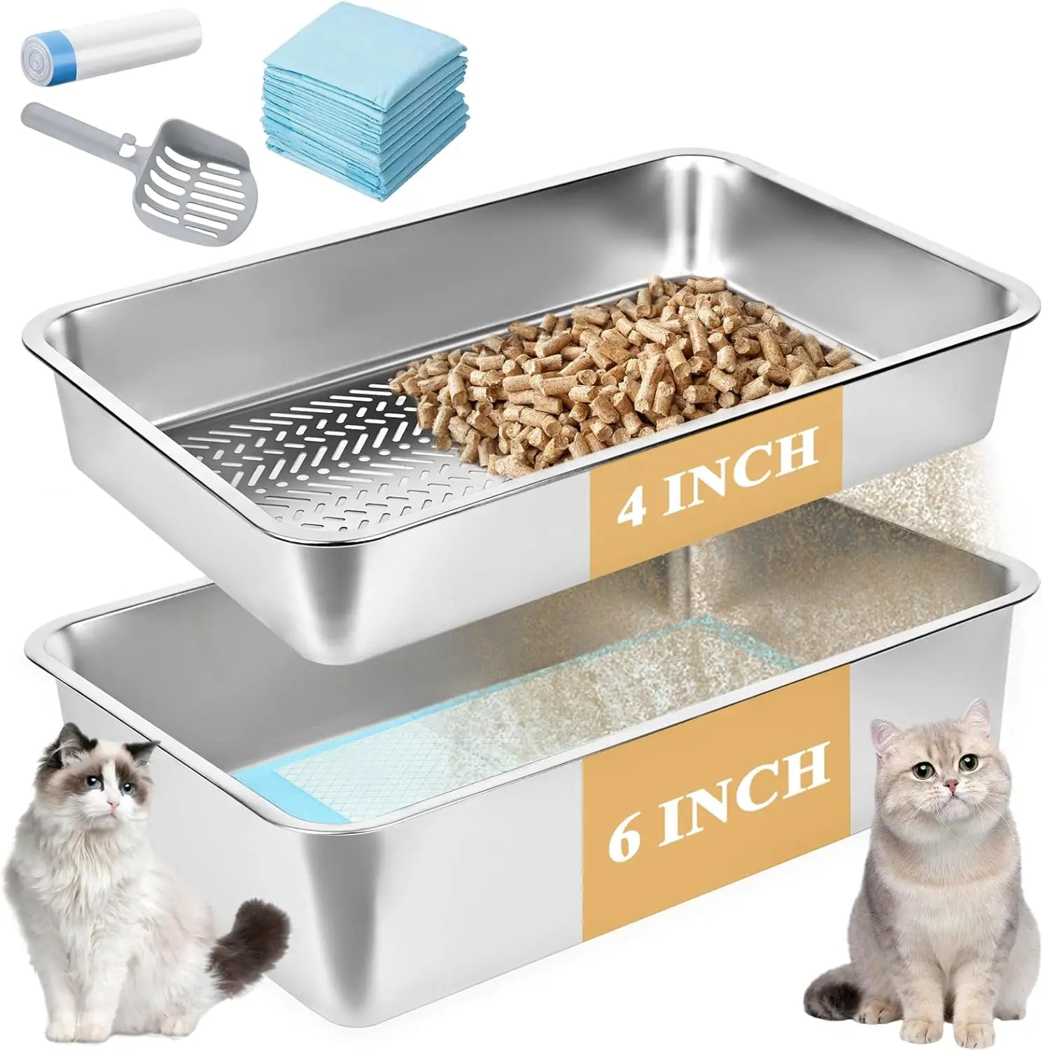 XL Stainless Steel Sifting Litter Box for Pine Pellets, Easy Clean with Scoop and Pad, Indoor Cat Tray