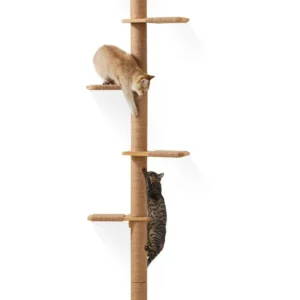 5-Tier Floor-to-Ceiling Cat Tree, Wall-Mounted Scratching Post with Wild Simulation Shelves for Climbing, Scratching, and Play