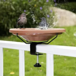 Practical Adjustable Deck Railing Bird Bath Plastic Removable Bird Bath Feeder Brown Deck Mounted Bird Bath for Garden