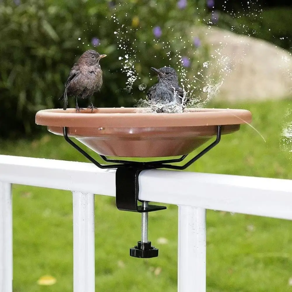 Practical Adjustable Deck Railing Bird Bath Plastic Removable Bird Bath Feeder Brown Deck Mounted Bird Bath for Garden