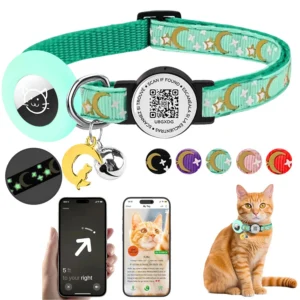 Airtag Cat Collar with Airtag Holder for Apple Air Tag, Silicone GPS Tracker Case, Glow Pet Collar with Bell & QR  Name Tag