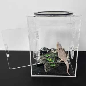 1 Peice Transparent Small Amphibious Reptile Breeding Acrylic Tank for Lizard, Snake, Insect With Breathable Holes，Net and Door
