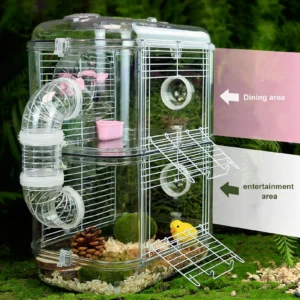 Hamster Cage Double Layer Iron Wire Fun Interactive Mice Small Animal Castle House with Water Bottle and Running Wheels