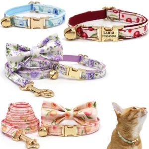 Personalized Cat Collar with Bell Name Custom Small Dog Collar Lead Rope Bow tie for Puppy Kittens Necklace Cat Leash for Walk