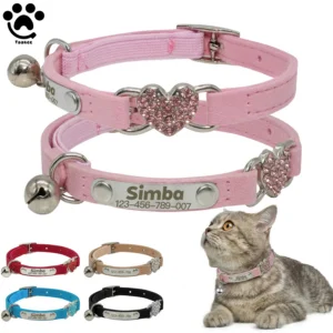 Personalized Heart Shaped Cat Collar With Bell Safety Elastic Adjustable Collar Soft Velvet Cat Crystal Collar for Kitten Puppy