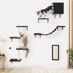 Wall-Mounted Cat Furniture - 5pcs Cat Wall Shelves, Wooden Climber Includes House, Bridge, Tree, Steps, and Scratcher (Black)