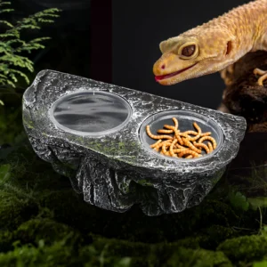 Resin Reptile Feeding Dish, Dual Bowl for Food & Water, Detachable, Easy Clean, Suction Cups, Habitat Decor for Bearded Dragons,