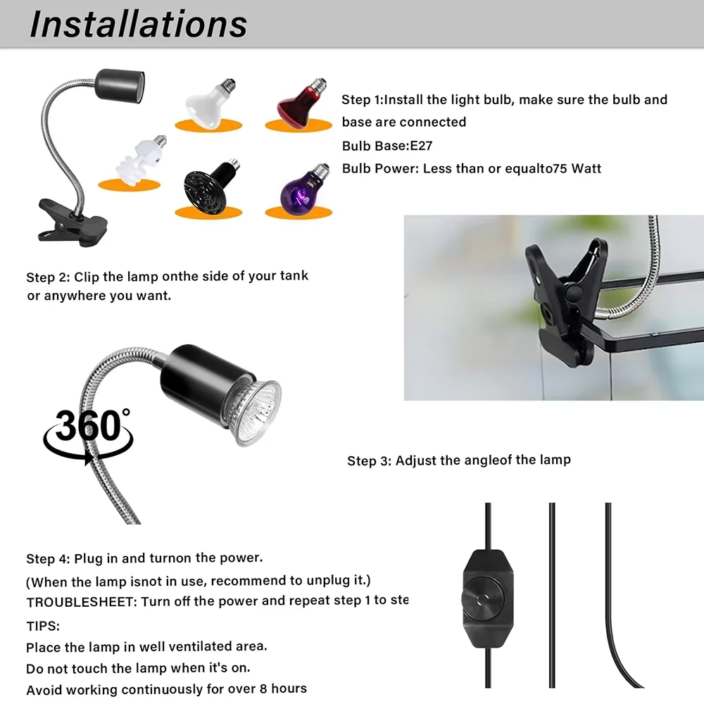 Reptile Heat Lamp With US EU Power Cord Rotatable Basking Spot Light Simulated Sunlight For Turtle Lizard Dimmable Heating Lamp - Image 5