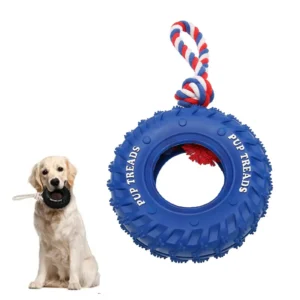 Natural Rubber Tire & Organic Cotton Rope Heavy Duty Dog Toy - Large Breed Indestructible Tug of War Chew Toy