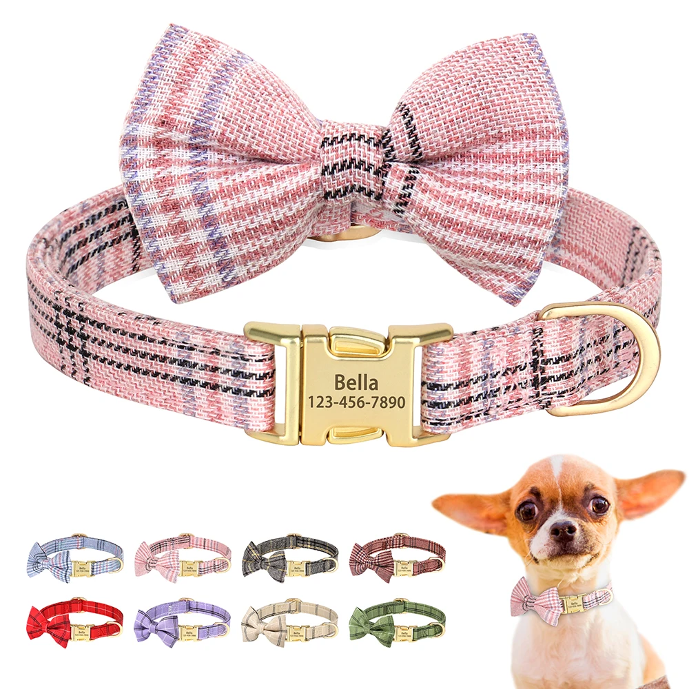 Custom Dog Collar Nylon Puppy Dog Collars With Cute Bowknot Engraved Pet Necklace Dog Collars For Small Medium Dogs Chihuahua