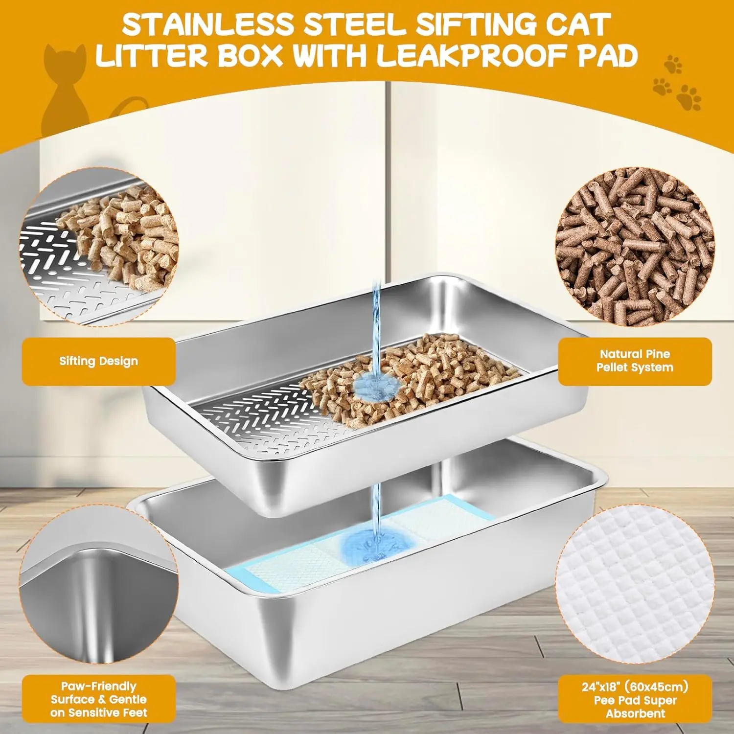 XL Stainless Steel Sifting Litter Box for Pine Pellets, Easy Clean with Scoop and Pad, Indoor Cat Tray - Image 4