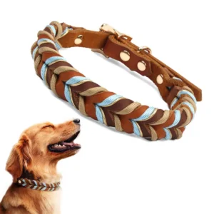 Brown Dog Collar New Cow Leather Braided Sky Blue Pattern For Small Medium Large Dogs Chihuahua Pug Labrador (Only Collar)