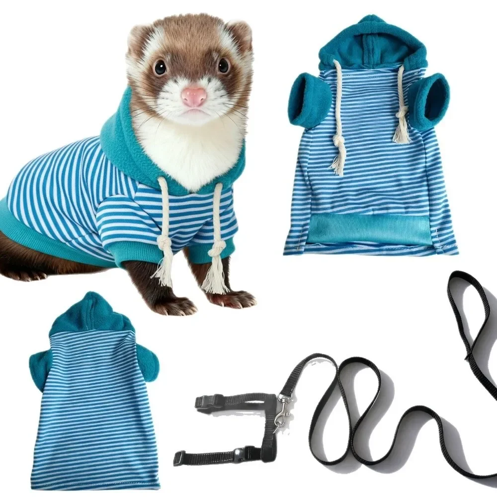 Fashionable Elastic Ferret Hoodie Thick Fleece Soft Pet Striped Sweatshirt Stylish Drawstring Cozy Pet Warm Clothing Winter