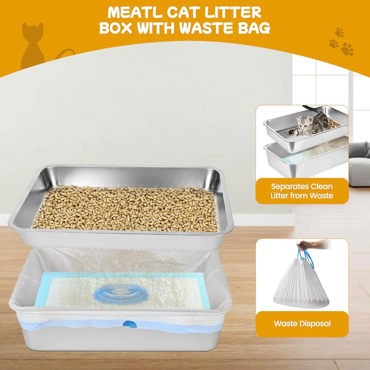 XL Stainless Steel Sifting Litter Box for Pine Pellets, Easy Clean with Scoop and Pad, Indoor Cat Tray - Image 5