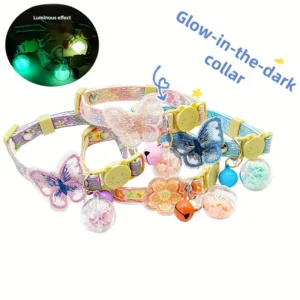 Glow-in-the-Dark Cat Collar with Butterfly & Floral Design, Cute cat collar，Collar for Indoor/Outdoor Cats，No Battery ，