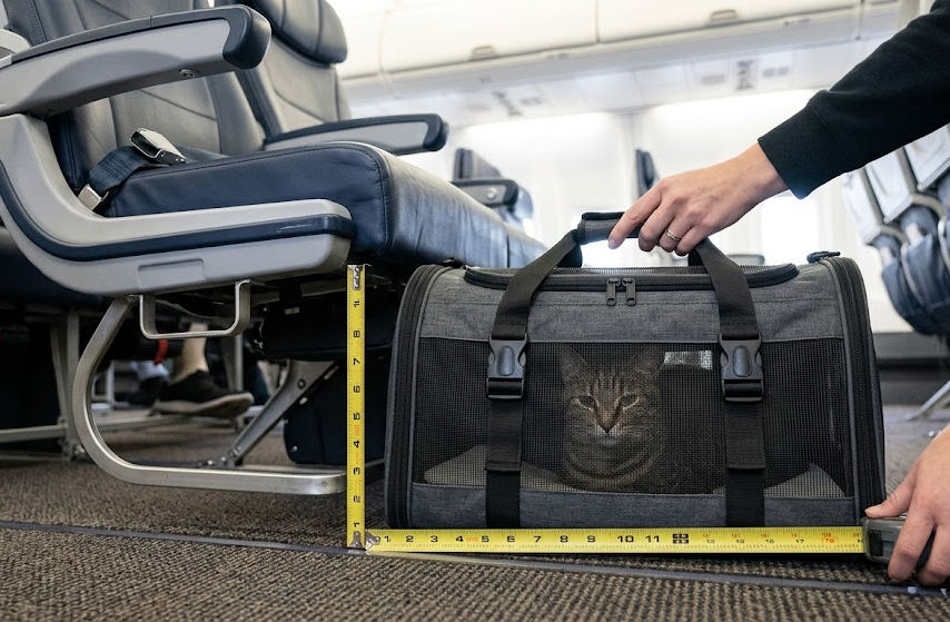 Soft-sided cat carrier being checked against under-seat airplane space dimensions