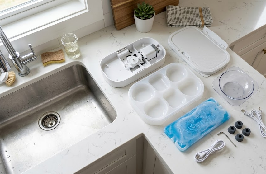 Disassembled automatic wet food cat feeder showing removable tray, lid, and ice pack for cleaning