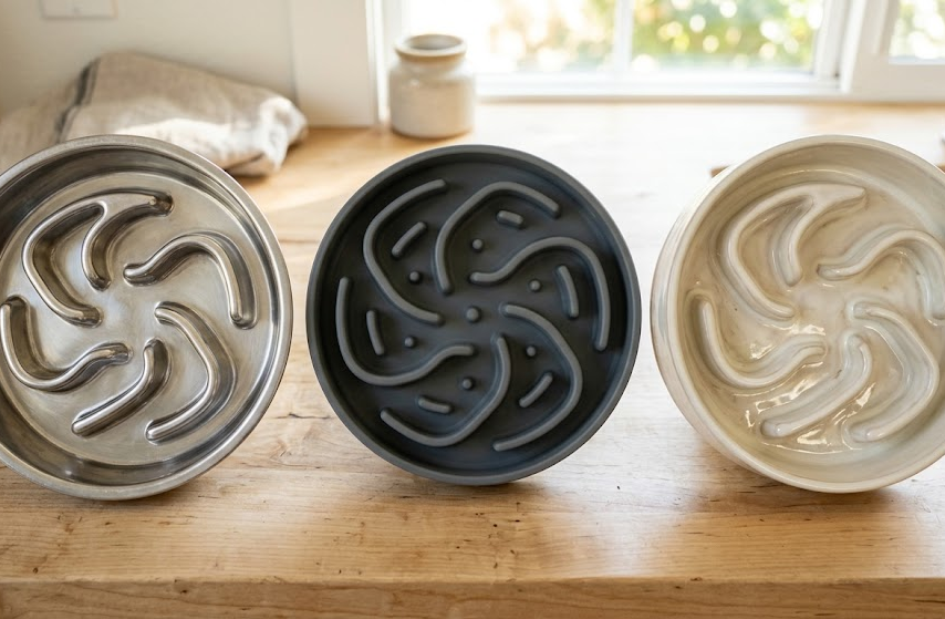 Comparison of slow feeder bowl materials for wet dog food