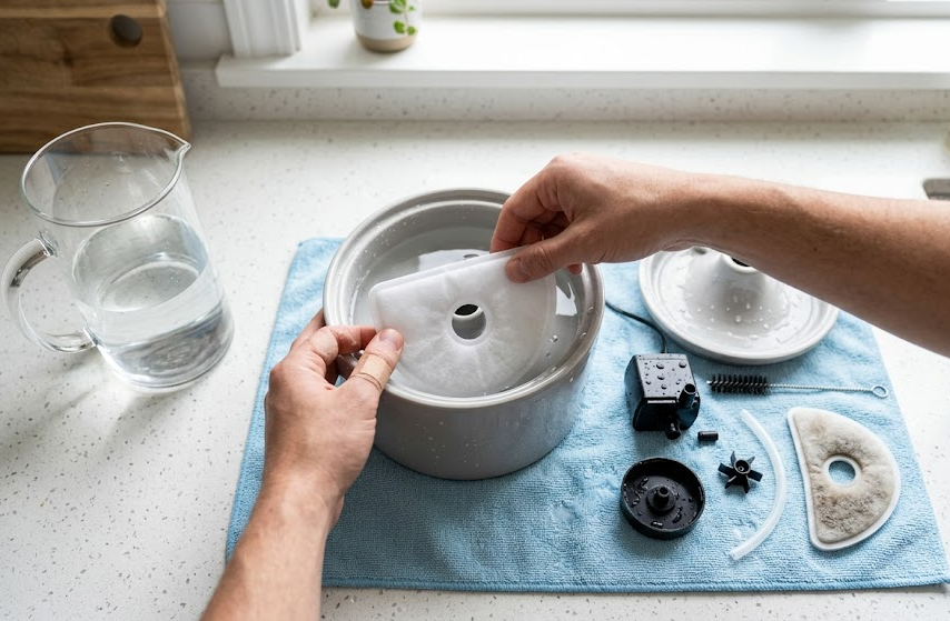 Hands replacing a cat water fountain filter during a cleaning session