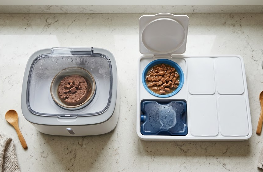 Refrigerated and standard timed wet food cat feeders shown side by side for comparison