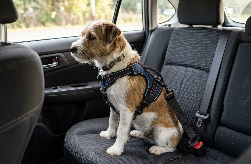 Small dog wearing a travel harness attached to a seat belt restraint