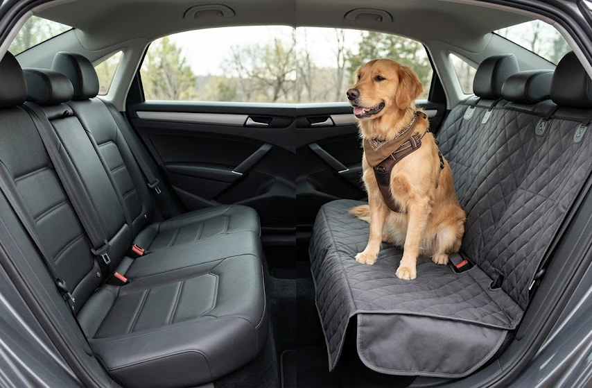 Bench seat cover installed in a car with space left for a rear passenger