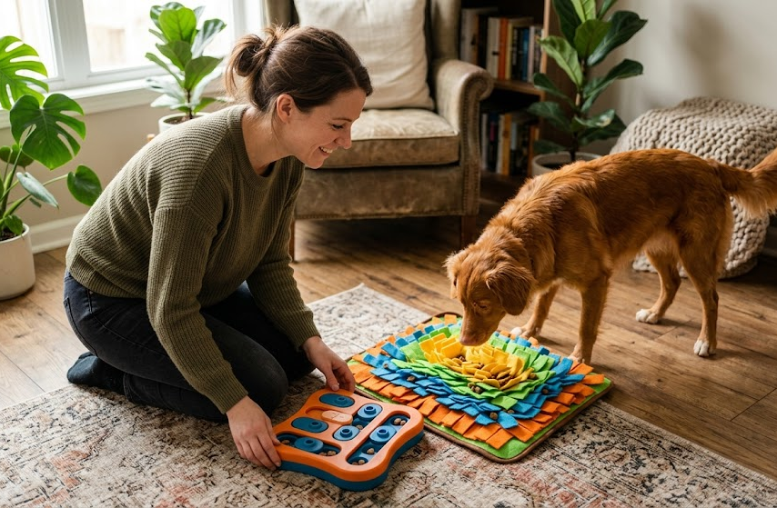Dog owner comparing a snuffle mat and treat puzzle