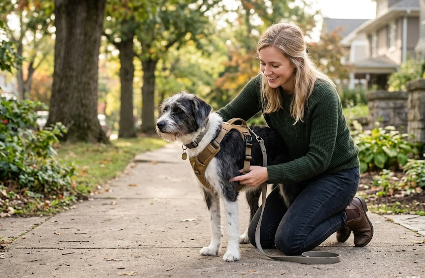 Owner checking two-finger rule on a dog harness