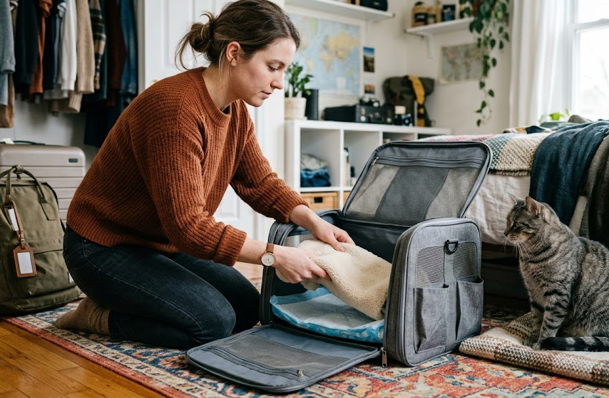 Packing a cat carrier for air travel illustration