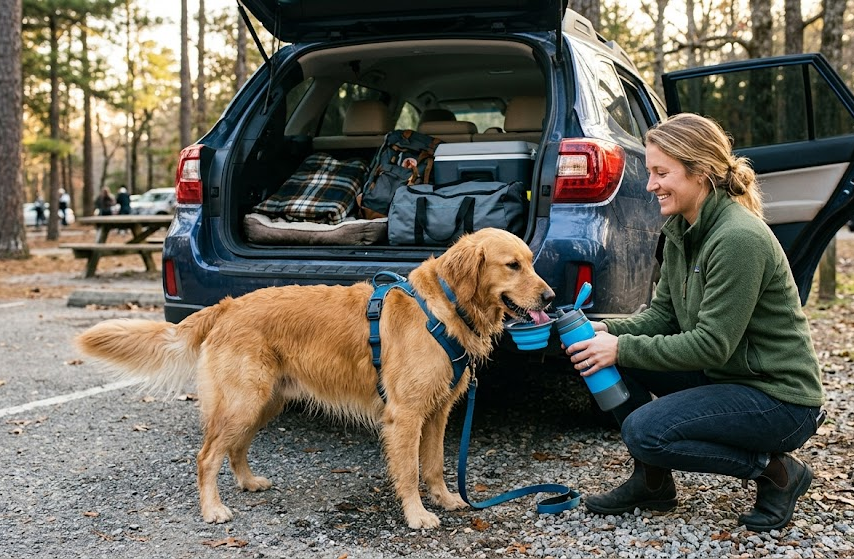 Dog drinking from a travel water bottle with attached bowl at a road trip rest stop