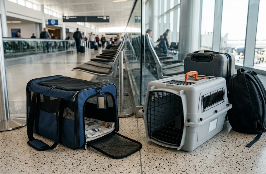 Soft-sided and hard-sided cat carriers ready for airport cabin travel